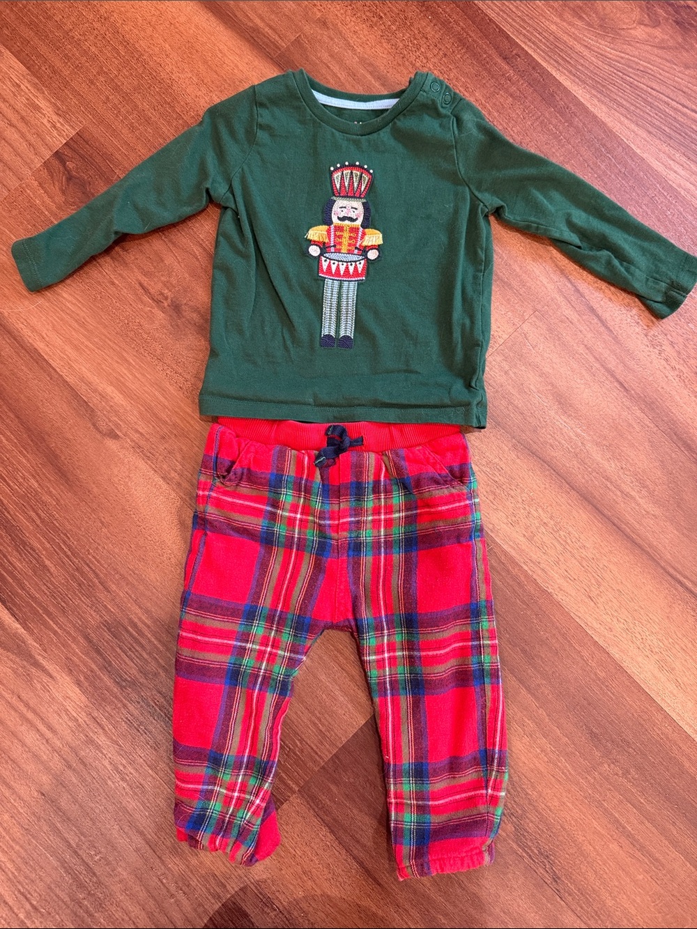 Baby Boden Green Nutcracker Top with Red Plaid Pants